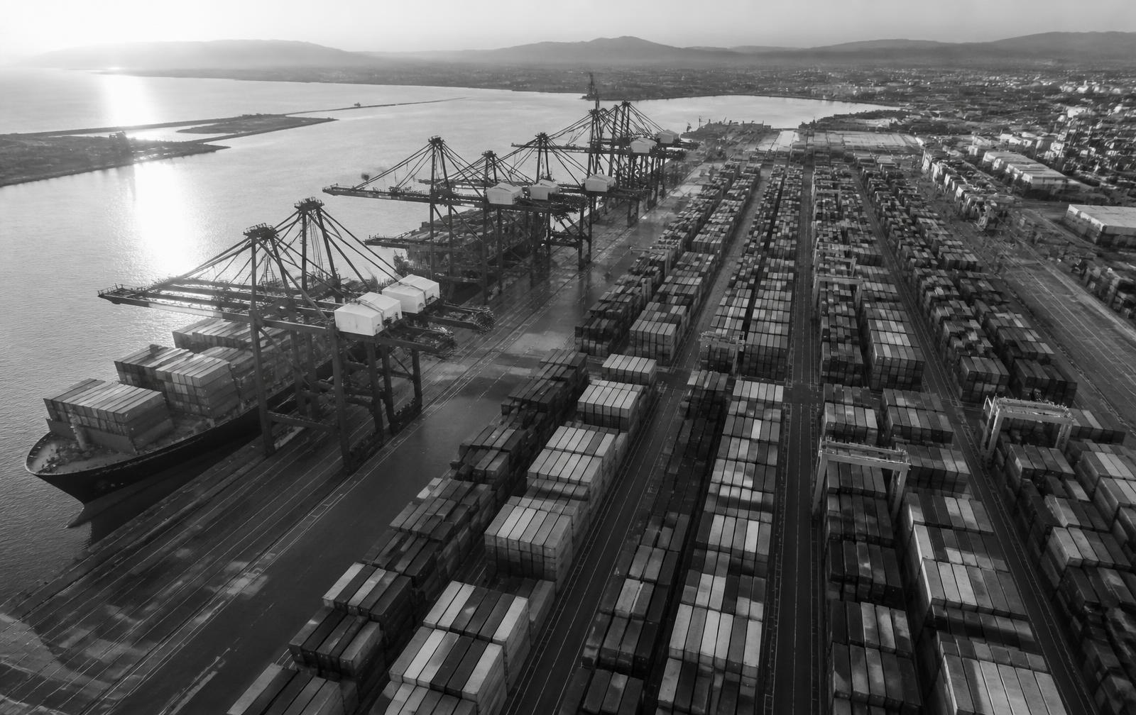 Container terminal with cranes and stacked freight
