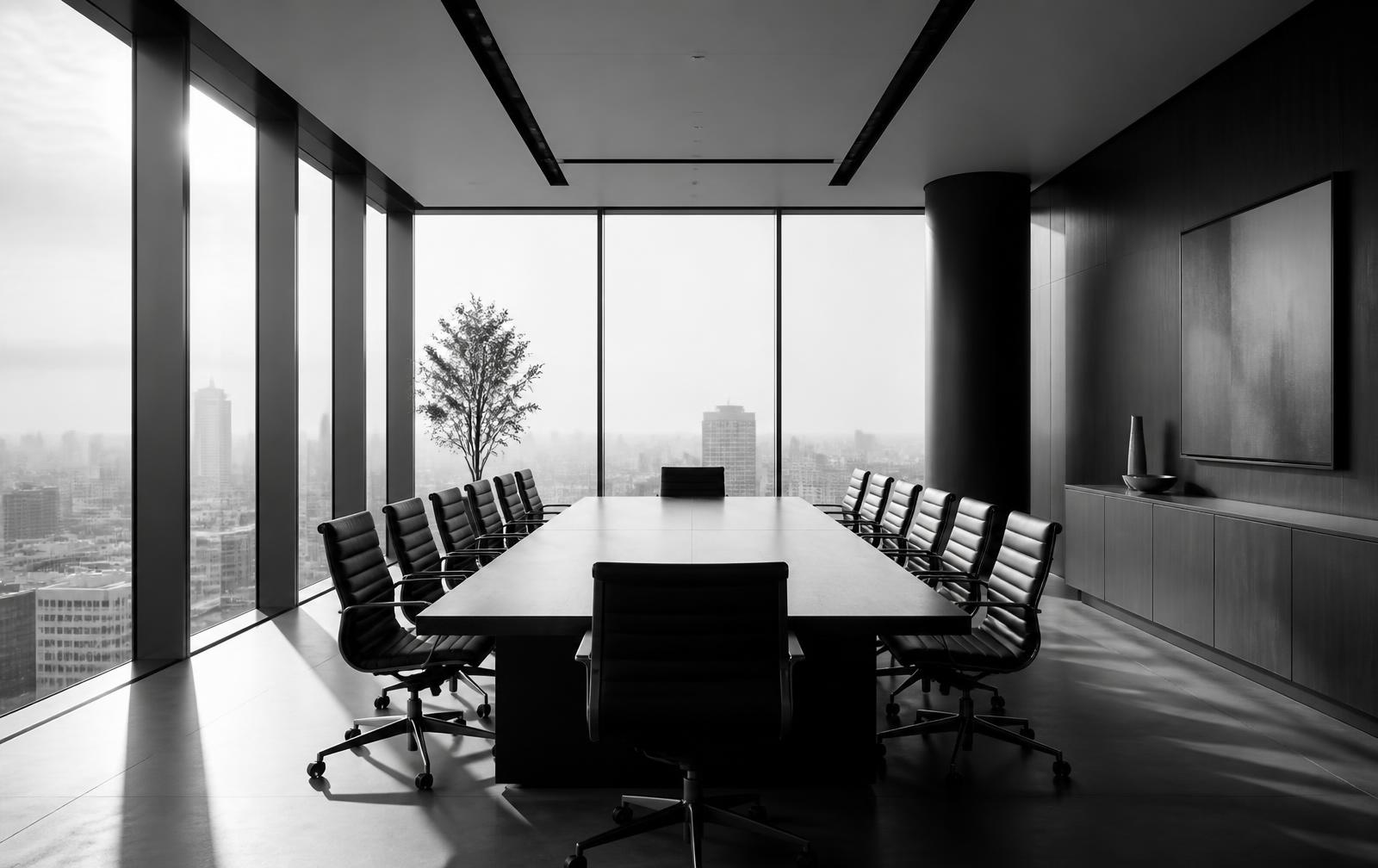 Empty boardroom with a long table and city view